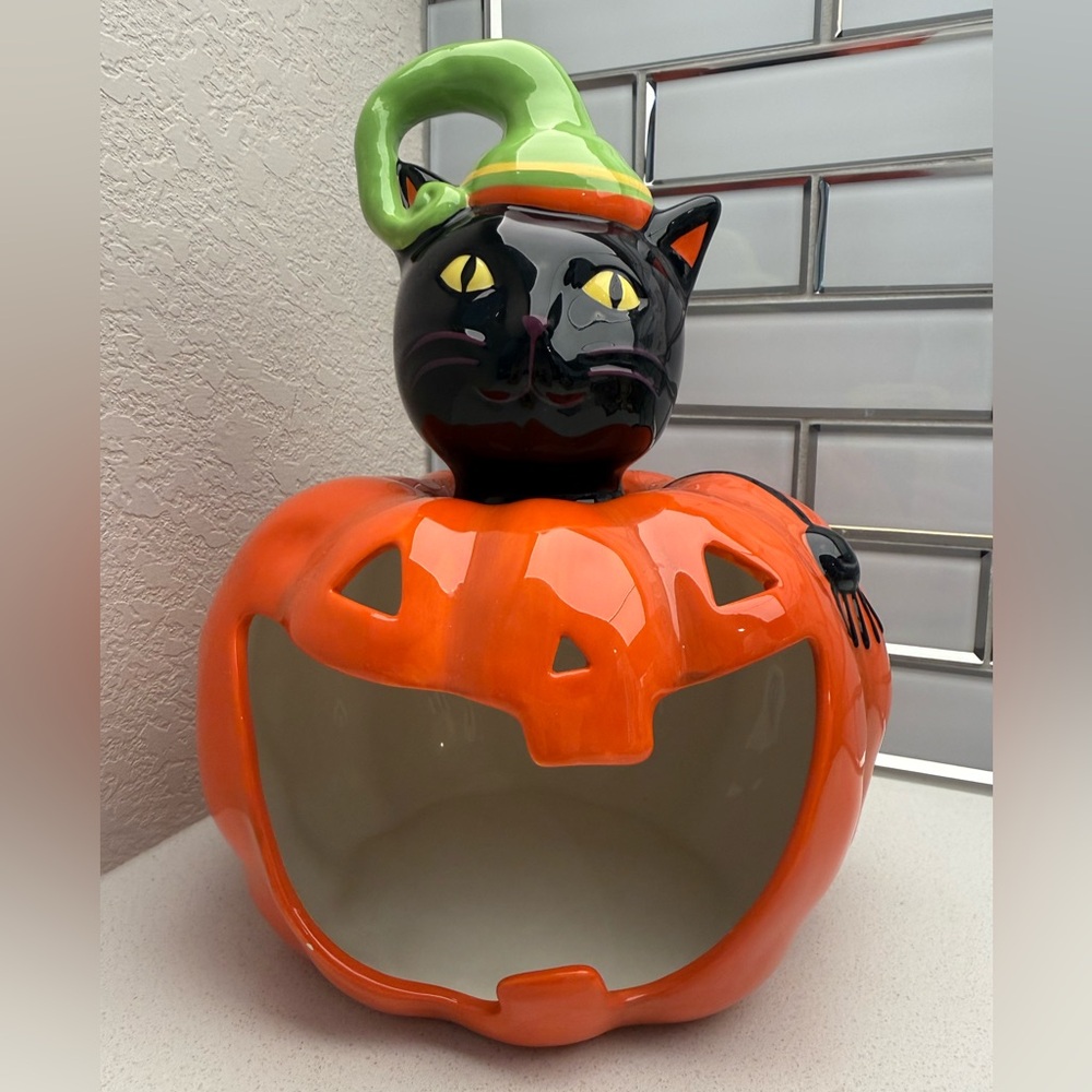 Ceramic Happy Halloween Candy Dish Candle Holder Pumpkin Black Cat - Picture 3 of 14
